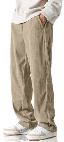 HOTake Pantalon décontracté en Velours côtelé pour Homme avec Taille élastique et Cordon de Serrage, Coupe Ample, Kaki Clair, Taille M