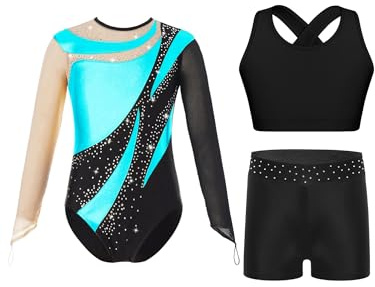 Alvivi 3 Stück Mädchen Turnanzug Strass Glitzer Gymnastikanzug Langarm Gymnastik Leotard Turnbody + Sport BH Tops + Shorts Turntrikot Tanzanzug