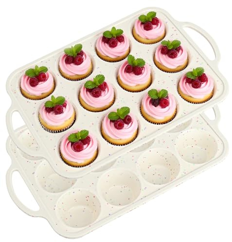 QIANBAIYI 2 Stück Lebensmittelqualität Muffins Backform Silikon mit Griff, Antihaft, backt 12, Maßnahmen 37,5 x 22,9 x 3,45 cm, geeignet zum Backen von Cupcakes, Brownies, Puddings