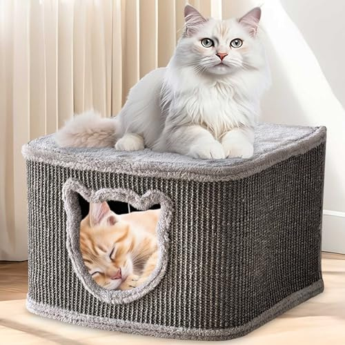 zooprinz Katzenhaus grau mit Sisal-Wänden und Plüsch | Katzenkorb und Katzenhöhle mit Spielball, Katzenbox und Katzenkiste im skandinavischen Look