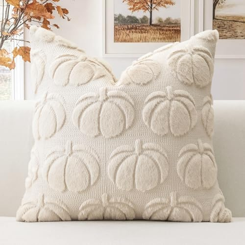 Artscope 1er Set Wolle Kürbis Kissenbezug Weicher Plüsch Kurzer Wollsamt Dekokissenbezüge Herbst Kissenhülle Sofakissen Herbstdeko für Sofa Schlafzimmer Halloween Creme Beige, 45x45cm