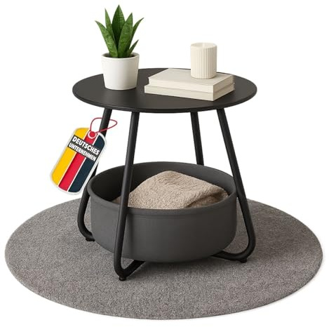 Coemo Couchtisch KOSI aus Metall Ø45x45cm mit Aufbewahrungskorb, Schwarz | Beistelltisch rund mit Ablage, Wohnzimmertisch im Vintage Style, Sofatisch, Gartentisch mit Stoffkorb, zerlegt