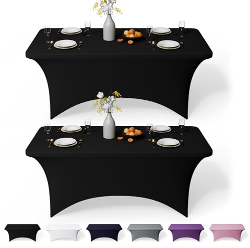 GFCC 4FT Spandex Table Covers 2 Pack, Black Fitted Table Cloth | Machine Washable, Wrinkle Resistant, Easy Care, Rectangular Stretch Tablecloth for Party Wedding Banquet Events Home Dining