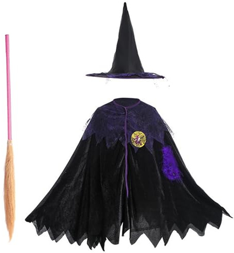 Jcasbdn Halloween Costumes for Kids Witch Cloak with Broom & Hat Cute Toddler Witch Costume for Cosplay Favors Party