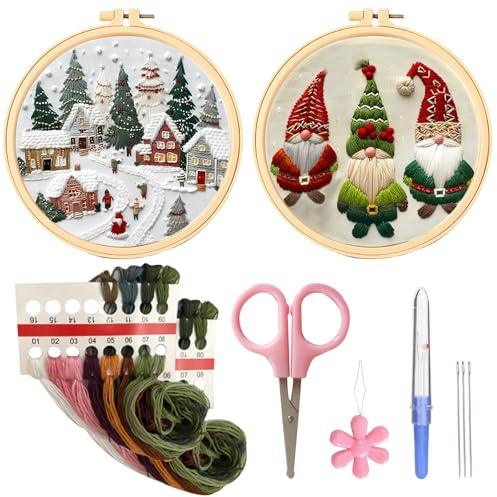 EDLMKM Christmas Embroidery Kit, Embroidery Kits for Adults Beginners, Christmas Cross Stitch Kits, DIY Embroidery Needlepoint Supplies Kit Includes Hoop Cloth Needles Threads