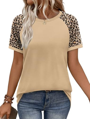 WIHOLL Womens Summer Tops Dressy Casual Blouses Spring Break Outfits Short Sleeve Shirts Crewneck Fashion Clothing Vacation Outfits Color Block Leopard Khaki L