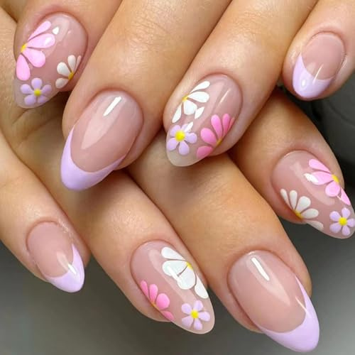 Viugex 24 Stück Lila French Press on Nails Mittel Mandel, Nude Acryl Nägel zum Aufkleben, Bunte Blumen Ballerina Künstliche Fingernägel, Natürlich Wiederverwendbare Full Cover Falsche Nägel für Frauen