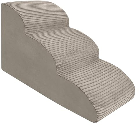 Hundetreppe 3 Stufen - 60 x 30 x 40 cm - rutschfest Weich für Kleine Hunde Haustiertreppe Stabil Sicher Komfortabel – Hergestellt in Polen (Streifen Beige)