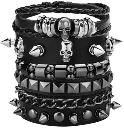 Ulekuke 4 Pcs Punk Bracelets for Men Women Leather Studded Cuff Wristband Set Goth Rock Jewelry Accessories for 80s Outfit Emo Rocker Costume(Black Skull)