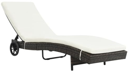 QUAHEAS Sonnenliege mit Rollen und Auflage, Poly Rattan Braun, verstellbar, 199x60x37 cm, für Garten, Terrasse, Balkon, wetterfest, Outdoor-Möbel