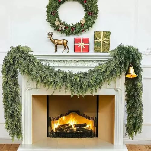 Christmas Cedar Garland - 6ft Artificial Real Touch Cedar Garlands Thickned Realistic Greenery Pine Garland for Holiday Fireplace Mantle Window Indoor Outdoor Decor