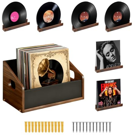JWShang Vinyl Record Holder Wall and Crate Combo – 6Pack Wooden Record Display Shelf and Holds 30+ Vinyl Crate, Album Storage Holder for Home Decor CD Magazines Collection Display
