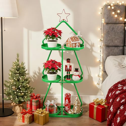 RELAX4LIFE Porte Plante Interieur en Forme d'Arbre de Noël, Support de Pot de Fleurs à 3 Niveaux avec Étoile Rouge, Cadre Métallique Robuste, Décoration Noel pour Salon, Chambre, Bureau