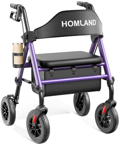 HOMLAND Walkers for Seniors with Seat, Foldable Rollator Walker, Reinforced Aluminum Frame, 8 Big Rubber Wheels for All Terrain, Height Adjustable Lightweight Rolling Walker