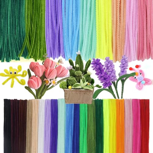 Set mit 300 Pfeifenreiniger Blumen 29 Farben, 100 Stück 20 Standardfarben, 100 Stück 7 Macaron-Farben, 50 Stück Dunkelgrüne, 50 Stück Olivgrün Pfeifenputzer zum Basteln (29 Colours)