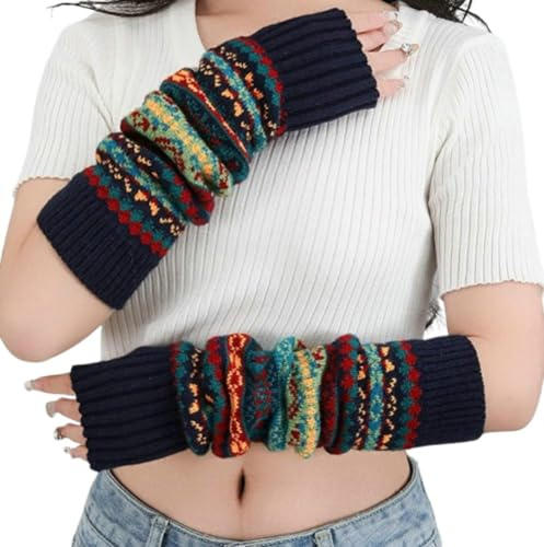 EMGILL Chunky Knit Arm Warmers for Women Boho Colorful Long Fingerless Gloves Fall Winter Warm Knitted Sleeves Hand Covers