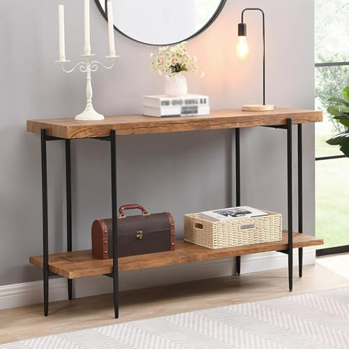 Consola Moderna de Entrada de Nogal con Patas de Hierro Forjado, Estilo rústico, para Sala de Estar, Pasillo y recibidor (80 cm), Muebles Elegantes y duraderos.