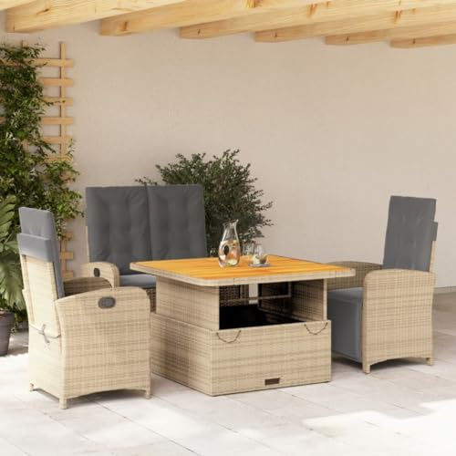 Runheo 4-TLG. Garten-Essgruppe Beige Poly Rattan, verstellbare Relaxsessel, höhenverstellbarer Tisch, abnehmbare Kissen, UV-beständig, für Terrasse, Balkon, Gartenmöbel Set
