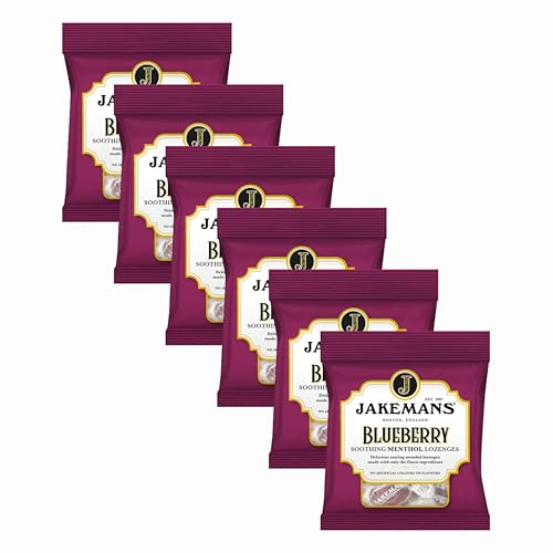 Vellomart Jakemans Blueberry Soothing Menthol Lozenges 73g – Cooling Throat Relief Drops, Refreshing Blueberry Flavour, Pocket-Size Comfort Sweets (6)