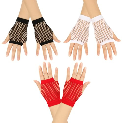 Mesh Gloves Short Fishnet Gloves for Women and Girls, 3pcs Multicolor