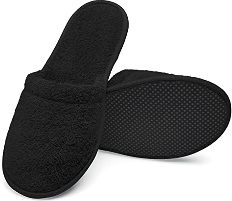 Arus Badepantoletten – 1 Paar Frottee-Slipper aus 100 % Baumwolle – Waschbar, Rutschfest, Leicht – Ideal für Spa, Sauna, Hotel, Dusche, Gäste, Reisen, Wellness - Schwarz, 43-46, BL-2