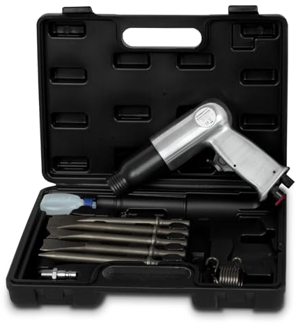 EBERTH burin pneumatique avec coffret, set d'outils 10 pièces, 4500 coups/min, 5x burins 150 mm, marteau burineur avec raccord 1/4, y compris accouplement, burette d'huile (vide), ressort de maintien