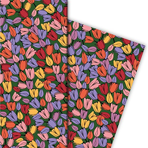 Set 4 Bogen: Klassisches Frühlings Geschenkpapier, Dekorpapier, Papier zum Einpacken mit Tulpen, bunt, universal Packpapier um schöner zu schenken 32 x 48cm
