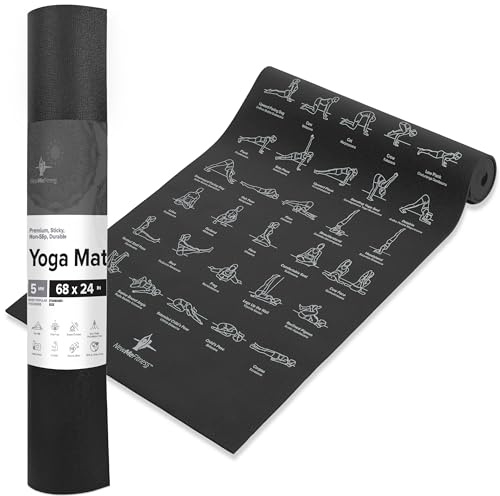 NewMe Fitness Yoga Mat for Women and Men - Large, 5mm Thick, 68 Inch Long, Non Slip Exercise Mats w/ 70 Printed Yoga Poses for Pilates, Workout and Stretching - Home and Gym Essentials - Black
