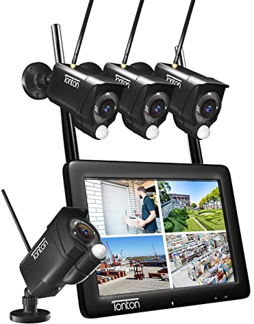 Tonton CCTV Camera System Wireless with Touchscreen Monitor, 4CH NVR with 7 Portable LCD, (4) 3MP Outdoor Floodlight IP Cameras, PIR Motion Detection,2 Ways Audio, Color Night Vision, 32GB SD Card