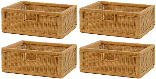Stabiles Set 4 Regalkorb mit Holzrahmen aus echtem Rattan/Schübe mit Griff cm Schubfach Regal Korb (Set/4 43x32x17)