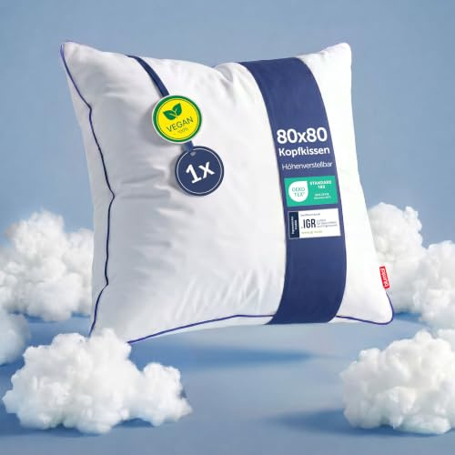 Blumtal Kopfkissen 80x80 cm - Nackenkissen mit anpassbarer Füllung - 100% Mikrofaser & waschbar bis 95 Grad - höhenverstellbares Kissen mit Paspel - für erholsamen Schlaf