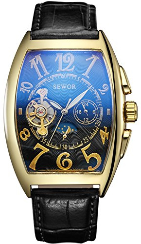 SEWOR Luxury Tourbillon Herren Mondphase automatische mechanische Armbanduhr Lederband Glasbeschichtung blau (Gold schwarz2)