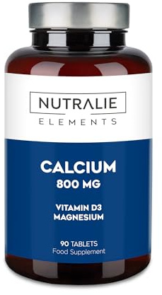 Kalzium Magnesium Vitamin D - 800 mg Kalziumkarbonat - Kalziumpräparat mit Magnesium und Cholecalciferol – 90 vegane Tabletten Calcium Elements Nutralie