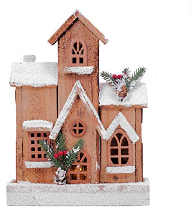 Spetebo LED Holz Weihnachts Haus beleuchtet - 33x24 cm - Fenster Tisch Deko Lichterhaus mit Schneedach