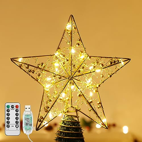Lewondr Weihnachtsbaum Spitze Stern, 11 Zoll Glitzernd Weihnachtsdeko LED Weihnachten Baumspitze mit Perlen & Timer, USB-betrieben Fernbedienung Tannenbaum Spitze Stern Weihnachtsbaum Innen, Gold