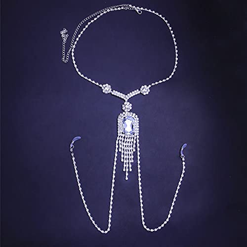 YZDKJ Rechteck Große Kristall Nippel Kette Halskette Nicht Piercing Schmuck Bling Strass Körperkette BH Harness Sexy Bikini Schmuck (Metal Color : Silver Plated)