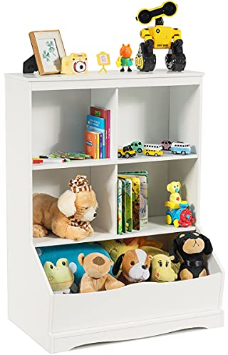 COSTWAY 3-etagiger Spielzeugschrank, Aufbewahrungsschrank mit offenen Fächern & Kasten, Bücherregal Aufbewahrungsbox Standregal für Spielzeugaufbewahrung (Weiß)
