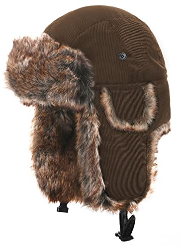 Heavyoff Unisex Fliegermütze Kunstfell Wintermütze mit Ohrenklappen Warme Cord Fellmütze Khaki XL