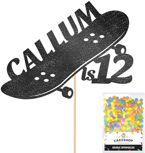 Personalised Skateboard Skater Glitter Cake Topper- Black Any Custom Age & Name Glitter Cake Decoration and Sprinkles - Happy Birthday Decorations - Personalised Toppers for Cakes by Cakeshop