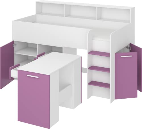 FurnitureByJDM Hochbett mit Schreibtisch, Schubladen, Regalen & Bücherregal – Platzsparendes Kinderbett 80x200 cm Matratzengröße – Rechtsseitige Treppe – NEO (Weiß/Lavendel)