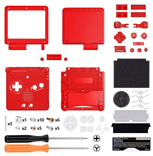 eXtremeRate Cover Tasti Scocca Ricambio per Gameboy Advance SP,Custodia Pulsanti Kit per GBA SP Console-Compatibile con IPS&Standard LCD(NON Include Console&IPS Schermo)-Trasparente Rosso