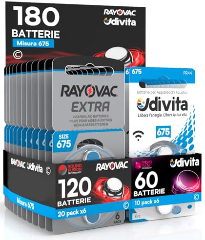 180 Batterie per Apparecchi Acustici Misura 675 PR44 Blu Zinco-Aria Phono Pulse Technology in 30 Blister da 6 Pile - 180 Batterie: 120 Rayovac + 60 Udivita