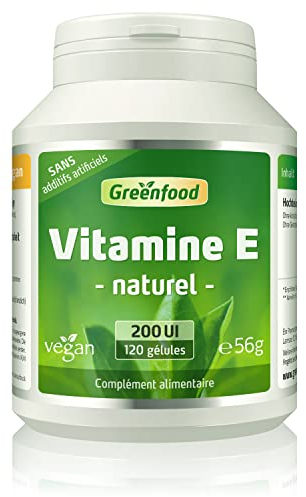 Greenfood Vitamine E, 200 UI, 120 gélules - protéger les cellules contre le stress oxydatif. Sans additifs artificiels. Sans génie génétique. Vegan.