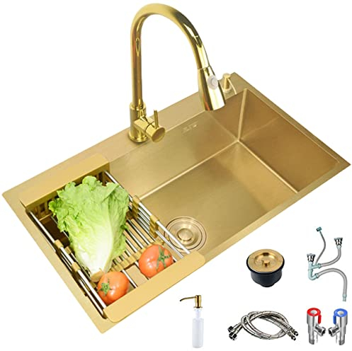 Küchenspüle mit Siphon Aus Edelstahl 53x43cm Golden Küche Spülbecken Spüle Mit Armatur Kuechenspuele Abwaschbecken Arbeitsplatte Unterbau Einbeckenspüle Aufbauspüle Einbauspüle