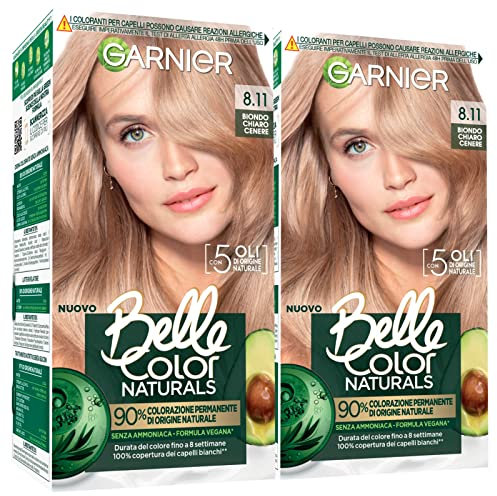 Garnier Belle Color Naturals Tinta Permanente per Capelli Colore 8.11 Biondo Chiaro Cenere Senza Ammoniaca Formula Vegana Crema Colorante e Trattamento Nutritivo Fino a 8 Settimane - 2 Confezioni