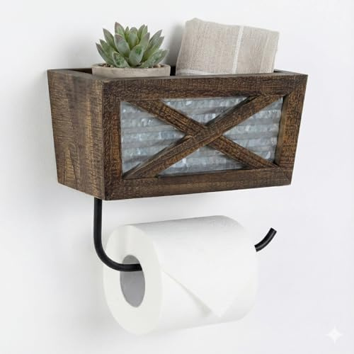Autumn Alley Farmhouse Toilet Paper Holder with Basket for Cell Phone - Rustic Toilet Paper Holder, Farmhouse Bathroom Country Decor - Wood, Galvanized & Black Metal - Adds Rustic Charm, Brown
