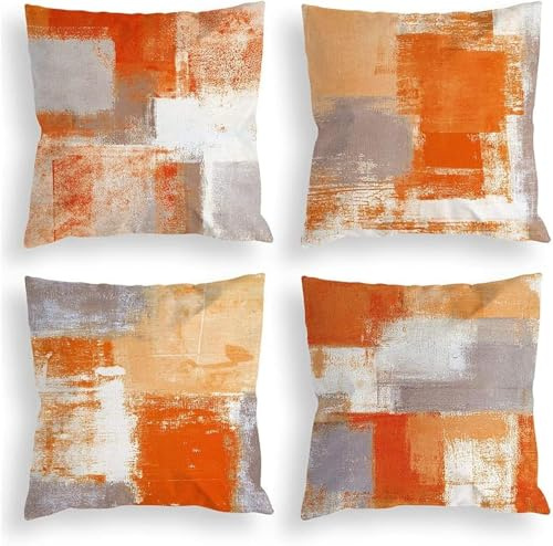 TIDWIACE 4er Set Orange-grau Kissenbezug 40x40 cm Deko, Kissenhülle Dekokissen Leinen Natur Landhausstil Dekorative Sofakissen Leinen Kissenbezüge Luxus Decor für Sofa Wohnzimmer Zierkissen