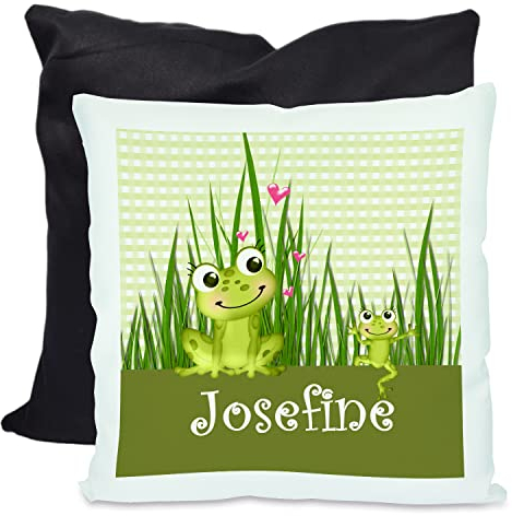CreaDesign, Kinder Kissen 40x40 cm personalisiert mit Namen, Kinderzimmer Deko Kissen Kinder mit Füllung Federn, Motiv Frosch, Rückenfarbe Schwarz