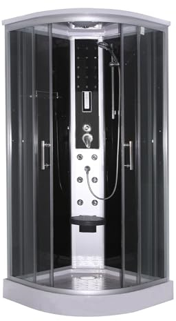 SANOTECHNIK Cabina doccia completa SCALA 90 × 90 × 215 cm – Doccia completa All‑in‑one | Vetro di sicurezza ESG, 6 ugelli massaggianti, radio e illuminazione, sedile pieghevole, Quick‑Line montaggio