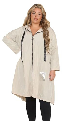 H&F Women’s Italian Long Length Zip Up Hooded Ribbon Cord Lightweight Waterproof Hope Raincoat Jacket Reusable Breathable Outdoor Rain Mac Size (Beige, 8-14)